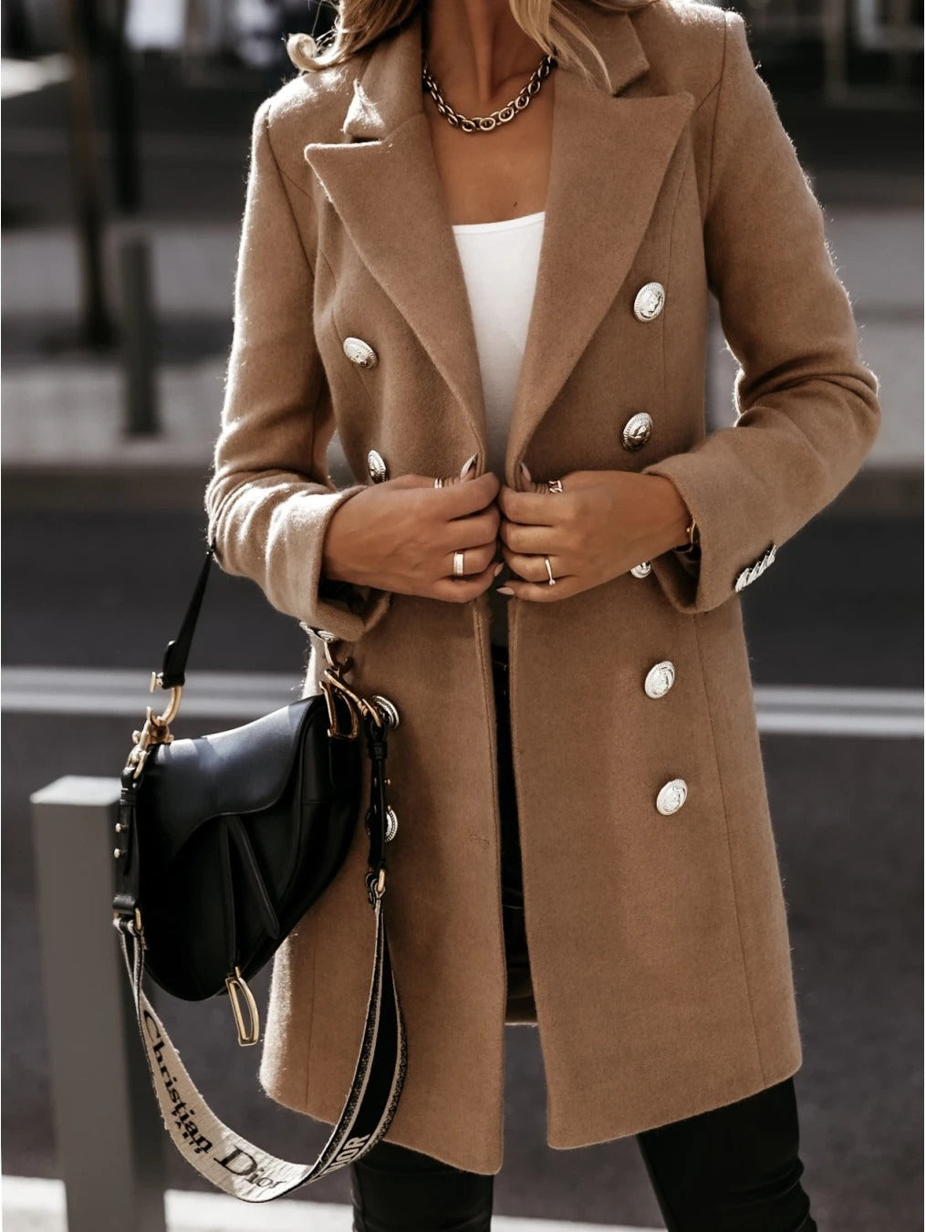 Long sleeved suit collar double breasted nickel coat coat