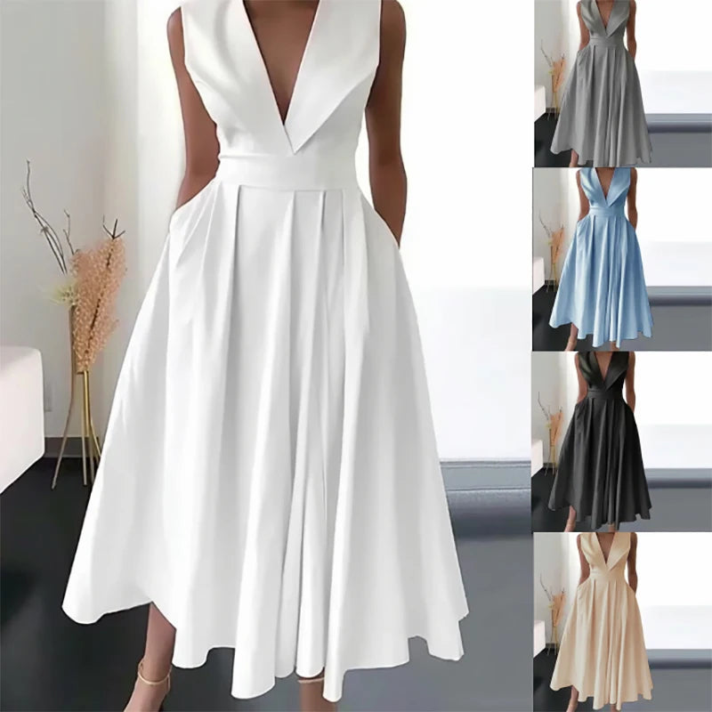 2024 New Spring V Neck Draped Party Dress Women Solid High Waist Pocket Pleated Long Dress Summer Sleeveless Hem Boho Maxi Dress