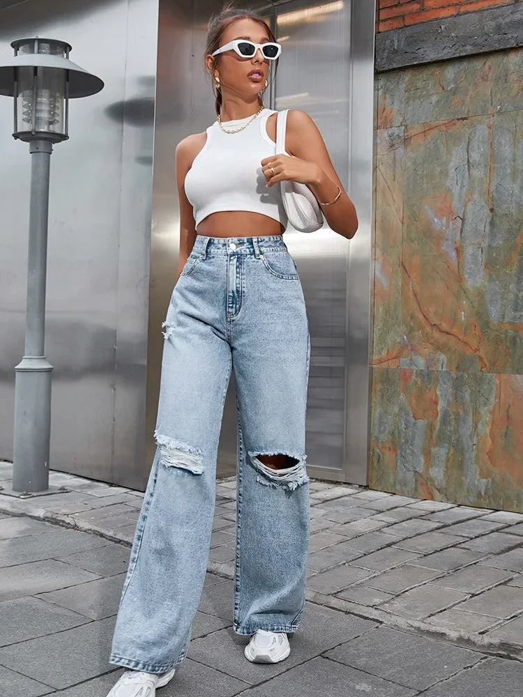 High Waist Straight Women's Ripped Jeans